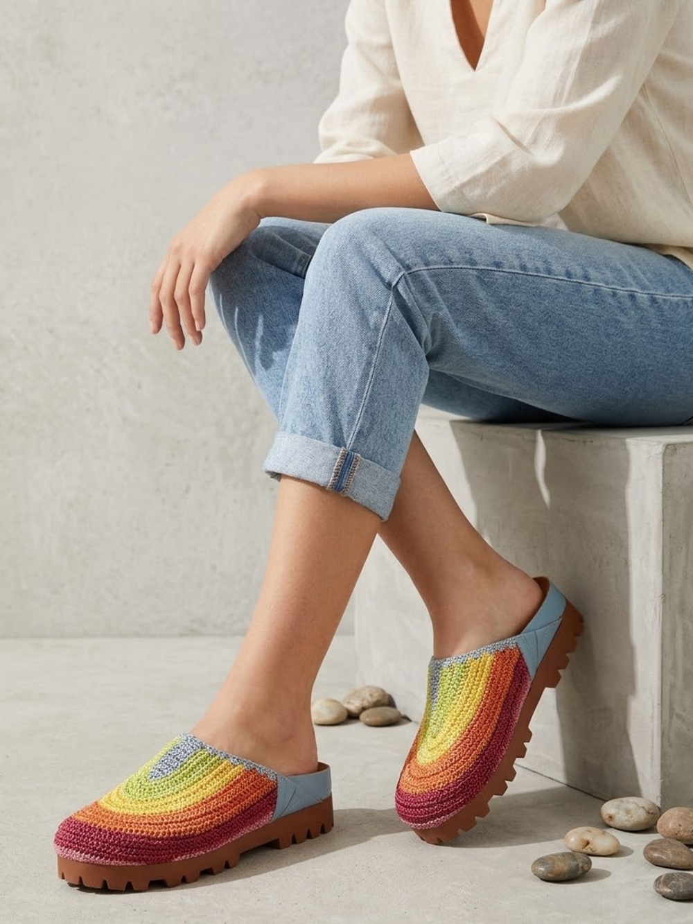 Chelsea & Violet Rainbow Crochet Slip-On Clogs with Light Blue Trim